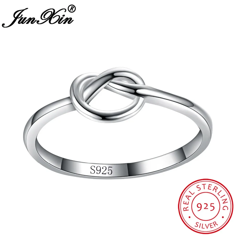 JUNXIN Minimalist Heart Knot Finger Ring Real 925 Sterling Silver Rings For Women Promise Wedding Jewelry Valentine's Day Gift