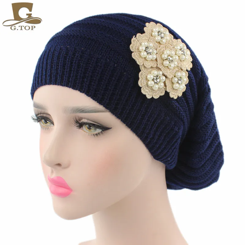 

New women slouchy knit chemo hat baggy long cap knitted beanie with pearled cotton beige flower