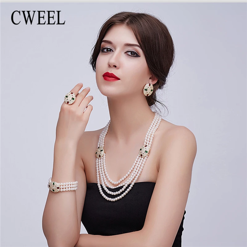 Online CWEEL Perle Schmuck Set Für Frauen Äthiopischen Braut Dubai Indische Hochzeit Kostüm Gold Nigerian Luxus Halskette Schmuck