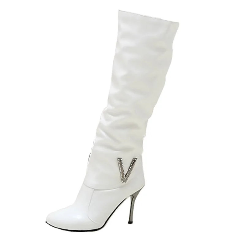 Новое поступление женская зимняя обувь пикантные женские сапоги выше колен на высоком тонком каблуке черного белого цветов большие размеры 34–43 женская обувь WSH2169 - Цвет: Белый