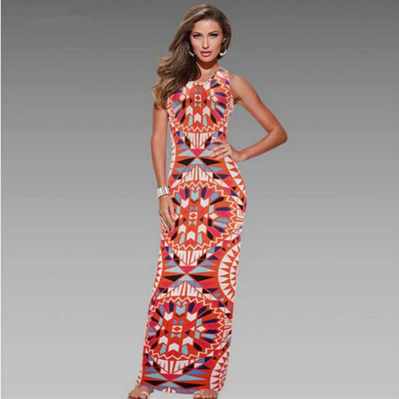 

Bohemian Boho Maxi Dress Summer 2017 New Fashion Sexy Sleeveless Tank Print Bandage Dresses Long Clothes For Women X153