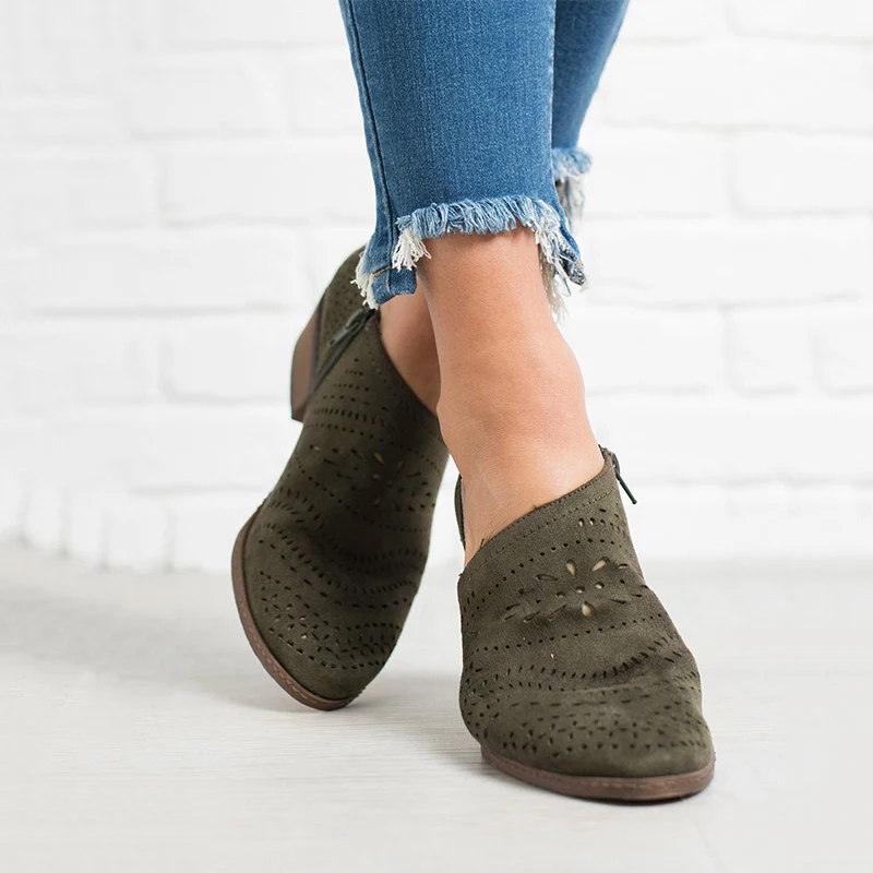 Г. весенние женские туфли-лодочки обувь в богемном стиле с перфорацией дышащая женская обувь из флока на молнии без застежки на низком каблуке, повседневная женская модная обувь - Цвет: Зеленый