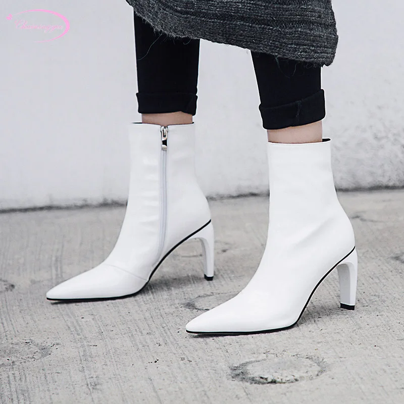 

Chinese casual style sexy pointed toe patent genuine leather ankle boots zipper stretch white black high heel women riding boots