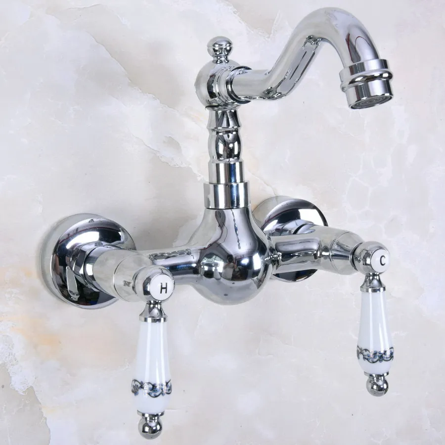 Polished Chrome Brass Wall Mounted Double Ceramic Handles Levers Bathroom Kitchen Sink Faucet Mixer Tap Swivel Spout anf956