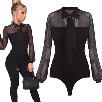 

Women Summer Bodysuit Sexy Black Bow Neck Patchwork Long Sleeve Back Ladies Lace Mesh Bodysuit Nightclub Party Feminino #YJ