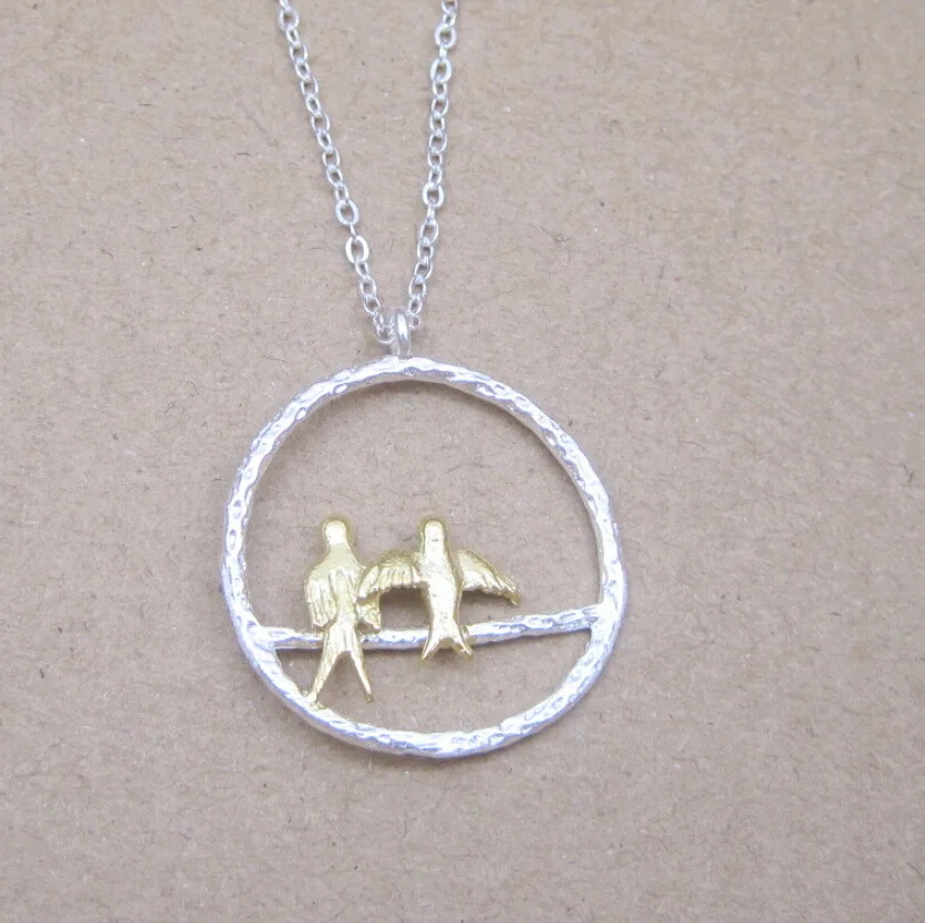 artist solid 925 sterling silver birds on branch pendant necklace handmade two tone matt brushed plain Necklaces & Pendants