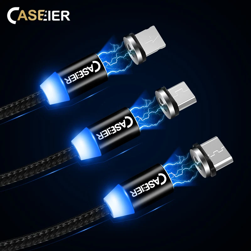 Светодиодный магнитный кабель CASEIER для Micro usb Type C быстрой зарядки iPhone XS MAX X 1 м 2 А