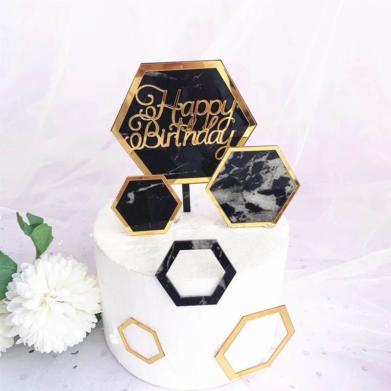 New INS Marble Acrylic Cake Topper Hexagon Gold Happy Birthday Cake Topper For Kids Birthday Party Cake Decorations Baby Shower