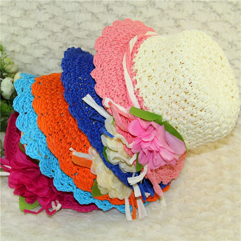 Nette Kinder Sommer Crochet Straw Strand Sonnenhut Mit Blumen