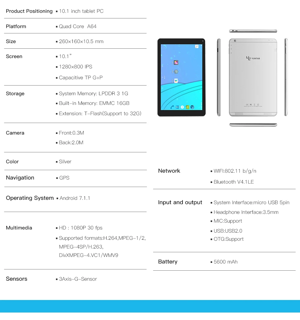 Yuntab 10,1 дюйма Android 7,1 A108 планшетный ПК Allwinner A64 4 ядра 1 Гб + 16 Гб Сенсорный экран 800*1280 с двойной Камера (серебро)