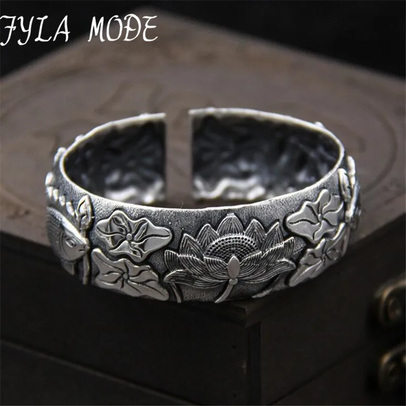 

Fyla Mode S925 Retro Fish & Lotus Sutra Buddha Bracelet Thousands Of Fine Wide Open Cuff Bracelet Bangle 20mm 47.80G TYC116