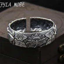 Fyla Mode S925 Retro Fish & Lotus Sutra Buddha Bracelet Thousands Of Fine Wide Open Cuff Bracelet Bangle 20mm 47.80G TYC116