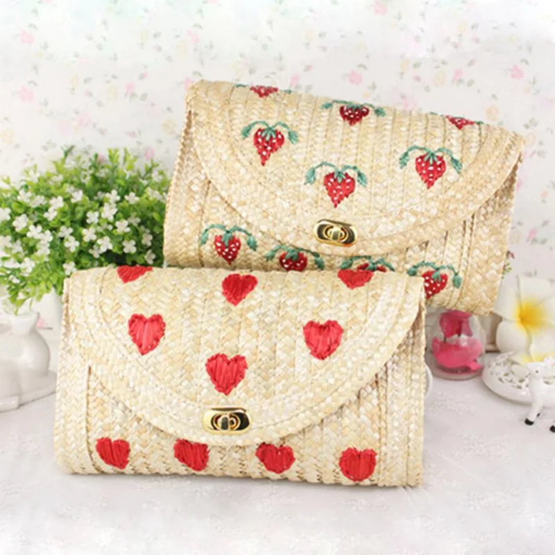 

Summer Women Straw Weave Woven Bag Ethnic Woman Shoulder Bag Straw Hruit Heart Strawberry Banana Design Knitting Messenger Bags