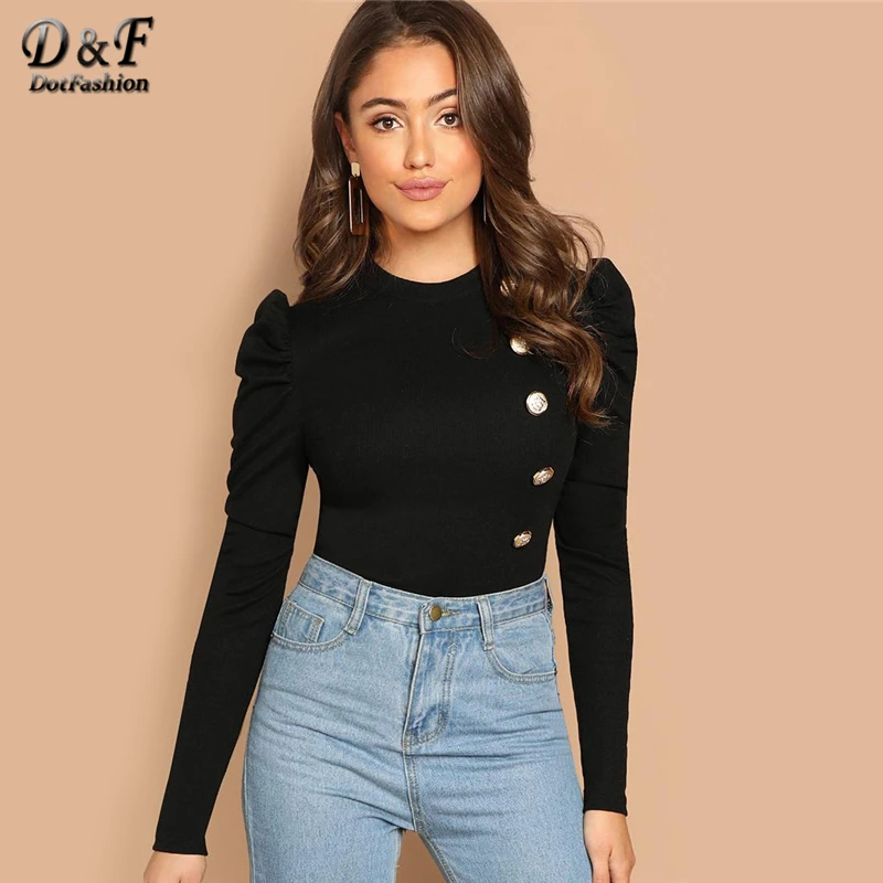 Online Dotfashion botón negro de manga de pierna de cordero para mujer Camiseta de manga larga Camiseta 2019 primavera otoño camisetas Casual ajustada
