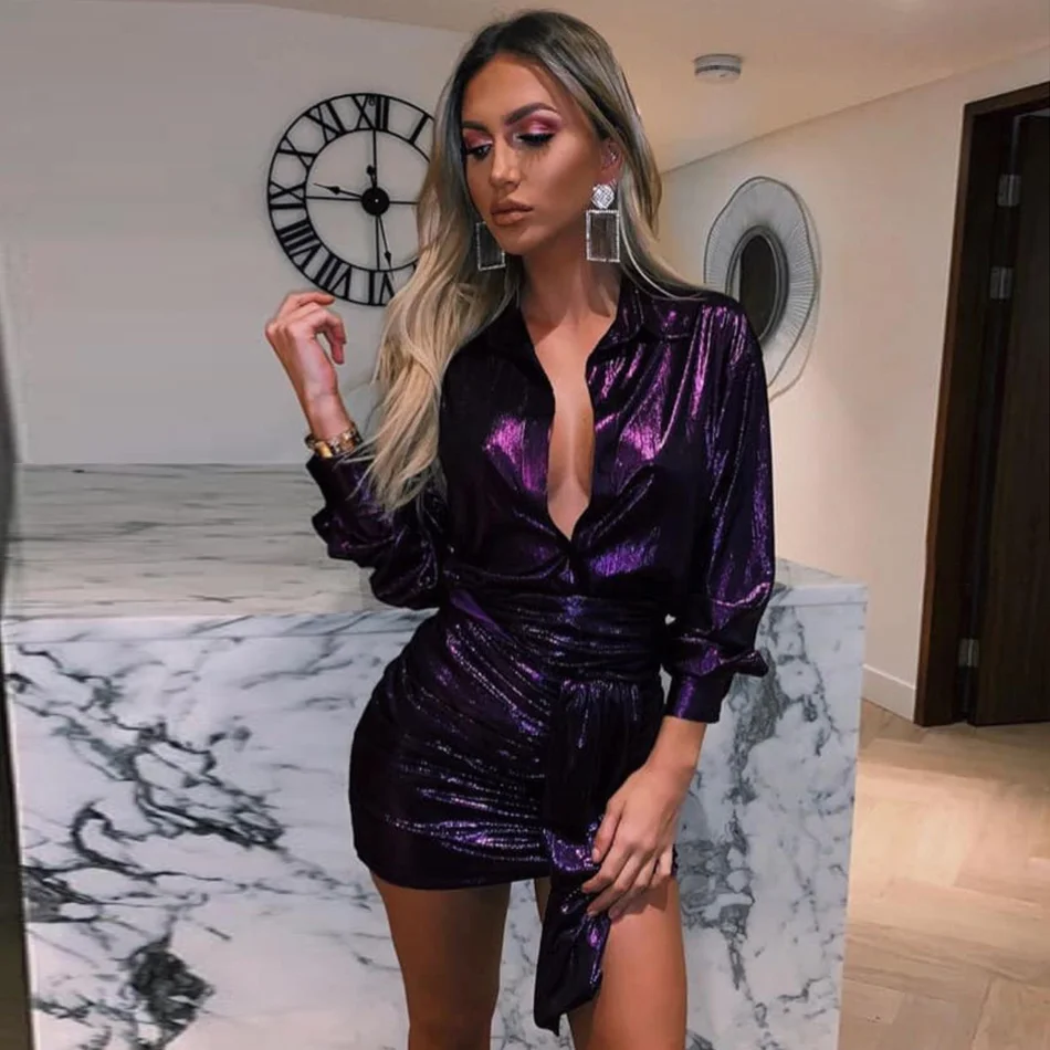 

Alluring Deep V Neck Ruched 2 Piece Dress For Women Long Sleeve Metallic Irregular Hem Twist Mini Bodycon Femme Wrap Dress