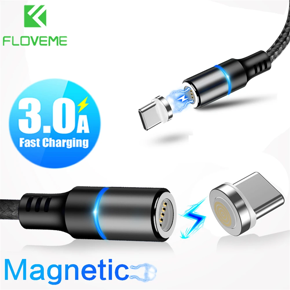 Floveme нейлоновый Плетеный 3A Быстрая Зарядка синхронизация USB-C type-C сильный Магнитный зарядный кабель для передачи данных мягкий для samsung huawei Xiaomi светодиодный 1 м