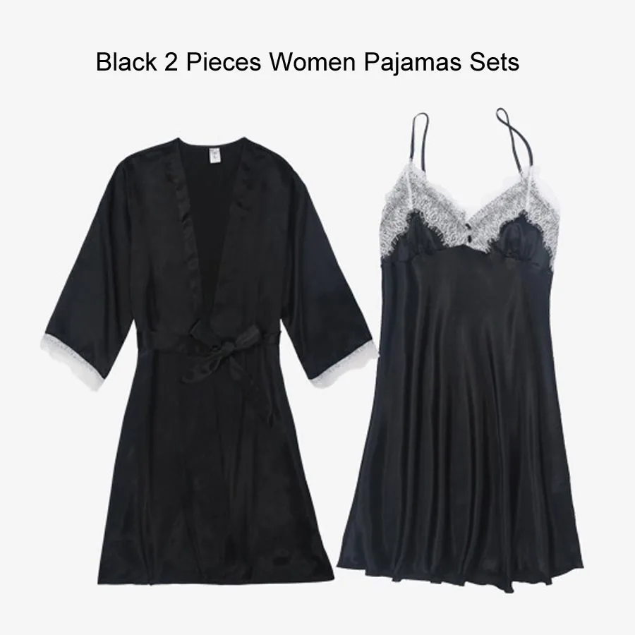 Сексуальный халат и платье наборы для женщин атласная одежда для сна комплект из 5 предметов летний домашний вечерний комплект с платьем Slik кружевное ночное белье халат сексуальное ночное платье - Цвет: Black Pajama Set (3)