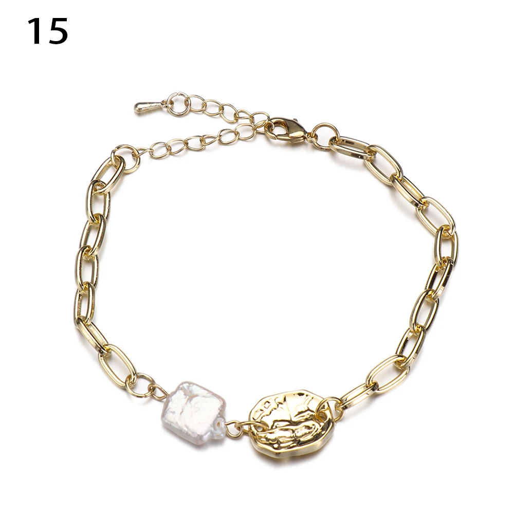 Горячая Мода барокко неправильная имитация жемчуга Золотая цепь с металлическими звеньями браслеты для женщин натуральный пресноводный жемчуг браслет Femme - Окраска металла: 15