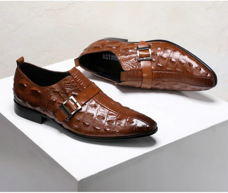 Casual Men Shoes Leather Red Formal Brogue Shoe Buckle Emboss Crocodile Genuine Leathers Mens Loafers Leather Dress Wedding Shoes (7)