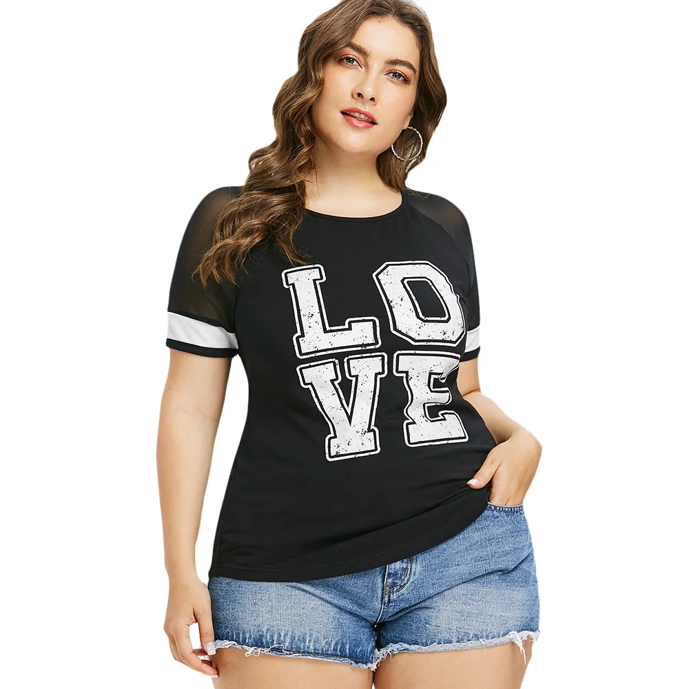 

Plus Size Color Block Love T-Shirt Summer Ladies Tops O Neck Short Sleeve Letter T Shirt Women Top Tees Big Size Clothes Female