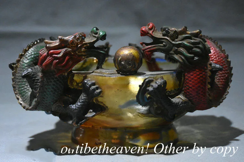 

christmas 7.4" Old Chinese Colored Glaze Palace Double Dragon Play Pearl Brush Washer halloween