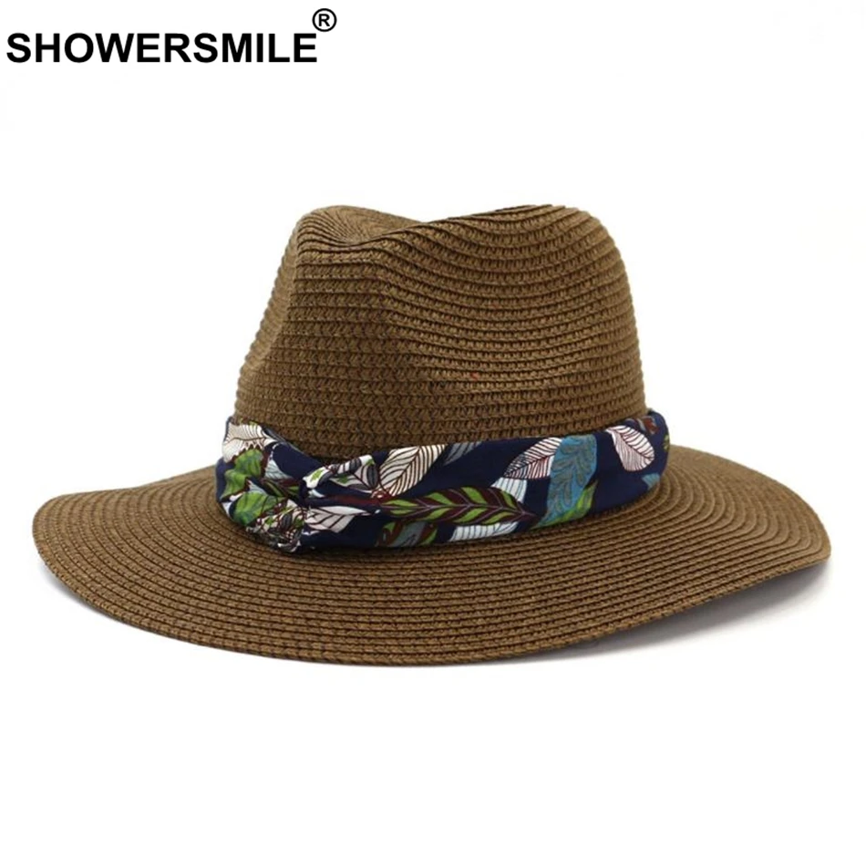 

SHOWERSMILE Women's Sun Hat Straw Panama Hat Female Print Beach Fedora 2020 New Summer Coffee British Wide Brim Ladies Jazz Hat