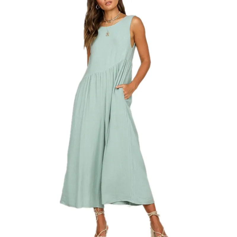 LOSSKY Wide Leg Solid Jumpsuit Sexy Sleeveless Backless Women Jumpsuits Casual Loose Pocket Basic Ladies Romper Jumpsuit Fashion