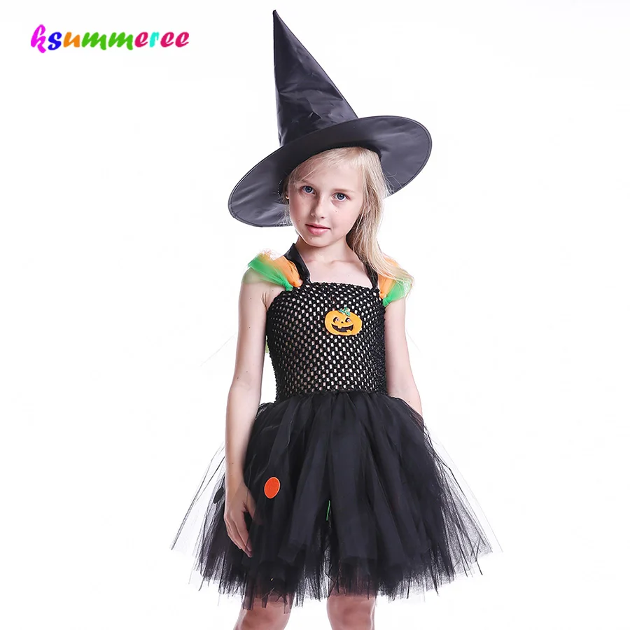 

Halloween Black Pumpkin Pattern Tutu Dress with Witch Hat Colorful Circle Children Cosplay Carnival Ball Gown Kids Photo TUTU