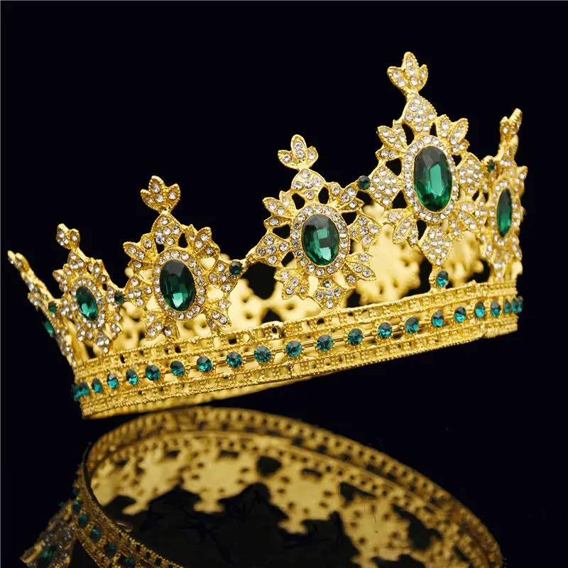 Королевская диадема в стиле барокко, королевская диадема, корона для мужчин, свадебные украшения для волос, Красный Кристалл, круглая диадема, Золотая головка, аксессуары для невесты - Окраска металла: Gold Green