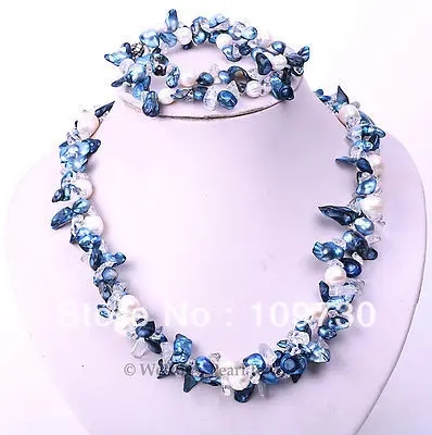 

Jewelry 00171 18"8" BAROQUE SHAPE CULTURED FRESHWATER PEARL CRYSTAL NECKLACE BRACELET SET NEW (A0423) -Bride jewelry free shippi