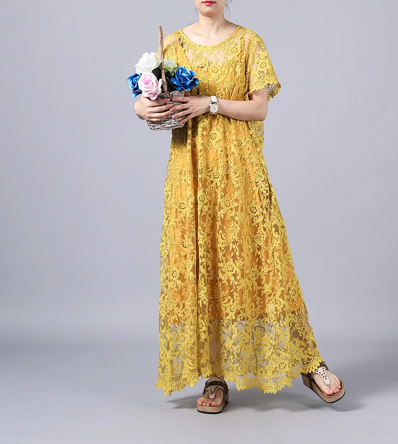 

Women Elegant Lace Dress Ladies Solid Color Hollow Out Embroidered Floral Dresses Female 2019 Summer Short Sleeve Dress