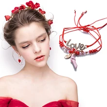 

Fashion Crystal Love Letter Charm Bracelet Femme Boho Beads Red Threa Rope Bracelets & Bangles Wedding Jewelry Gifts For Women