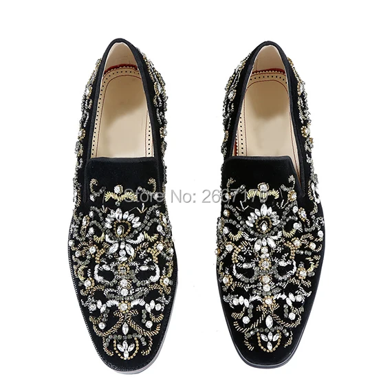 

New Luxury Suede Black Floral Embroidery Loafers Men Slip On Flats Crystal Prom Wedding Shoes Diamond Studded Mens Shoes Casual