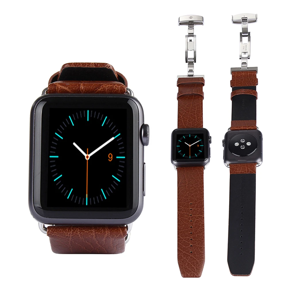 Double Butterfly Buckle Men's Wrist Watch Genuine Leather Band Strap