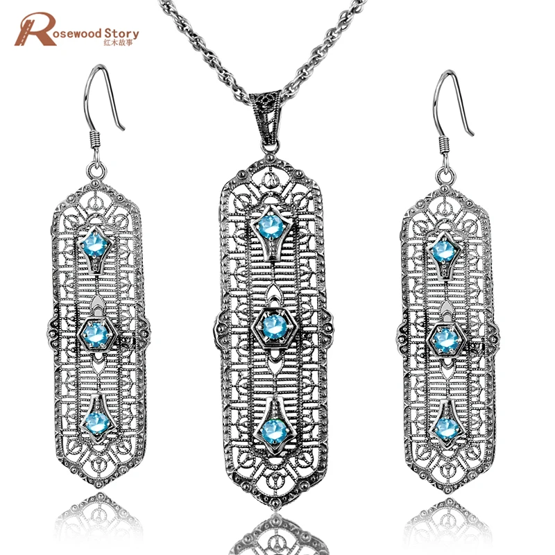 

Brand New Fashion Light Blue Cubic Zirconia Crystal Real 925 Sterling Silver Jewelry Sets For Women Vintage Handmade Gifts
