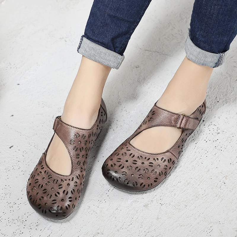 

Natural Leather Soft Flats Lady Breathable Fretwork Floral Female Shoes Hand-Painted Color Retro Lady Flat Shoes