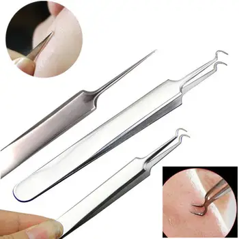 

OutTop 2018 Newly 3pcs Curved Blackhead Comedone Clip Needle Tweezers Pimple Extractor Remover Tool 07.30