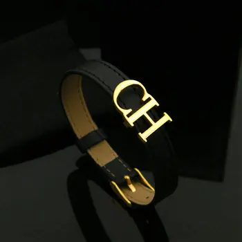 

Bilincolor black leather belt with golden ch letter bracelet for female womens jewellery