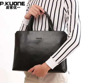 

P.Kuone 100% cowhide men genuine leather handbags man business briefcase men's shoulder messenger bags male laptop Briefcases