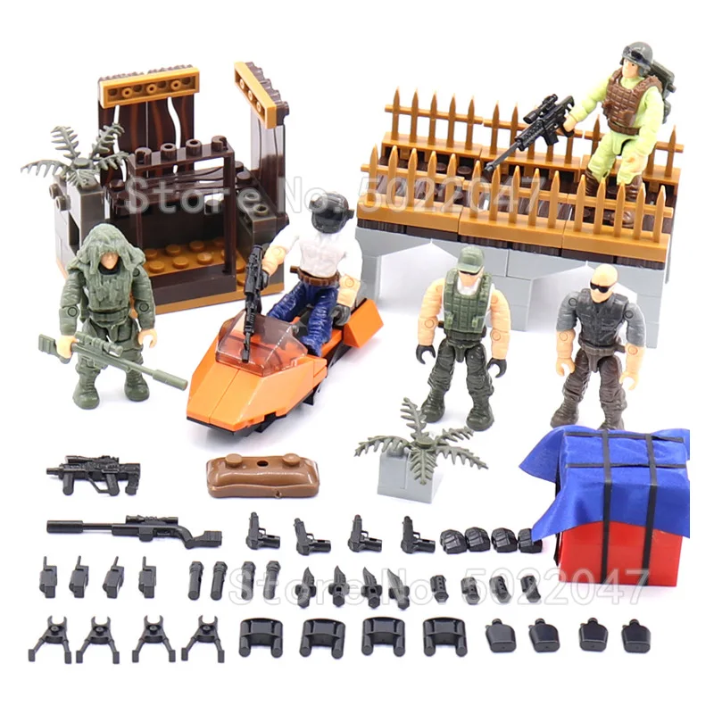 

Military Pubg Figures Soldier Building Blocks Set Bridge Head Speedboat Weapons Battlefield moc Toy For Children Gift Legoinglys