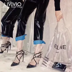 [LIVIVIO] блестящие черные брюки из искусственной кожи с высокой талией, женские повседневные свободные штаны, одежда 2019, Корейская одежда