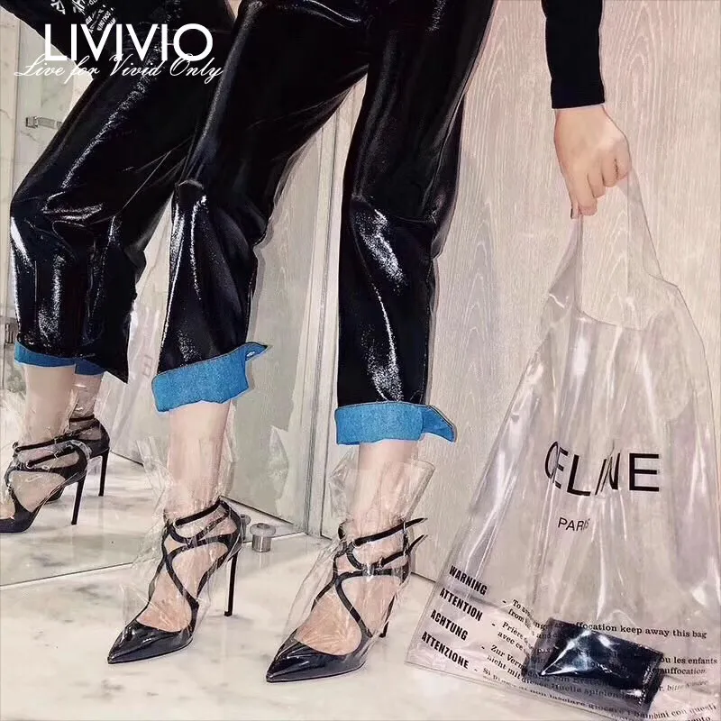 

[LIVIVIO] Imitation Leather Glossy Black Trousers High Waist Women Casual Loose Pants Clothes 2019 Korean Clothing New Arrival