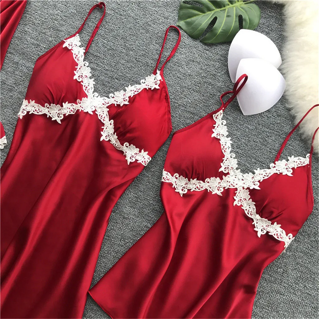 Women Satin Sexy pajamas Lace Lingerie Nightwear Underwear Babydoll Sleepwear Dress 5PC Suit pyjamas women sexy lingerie