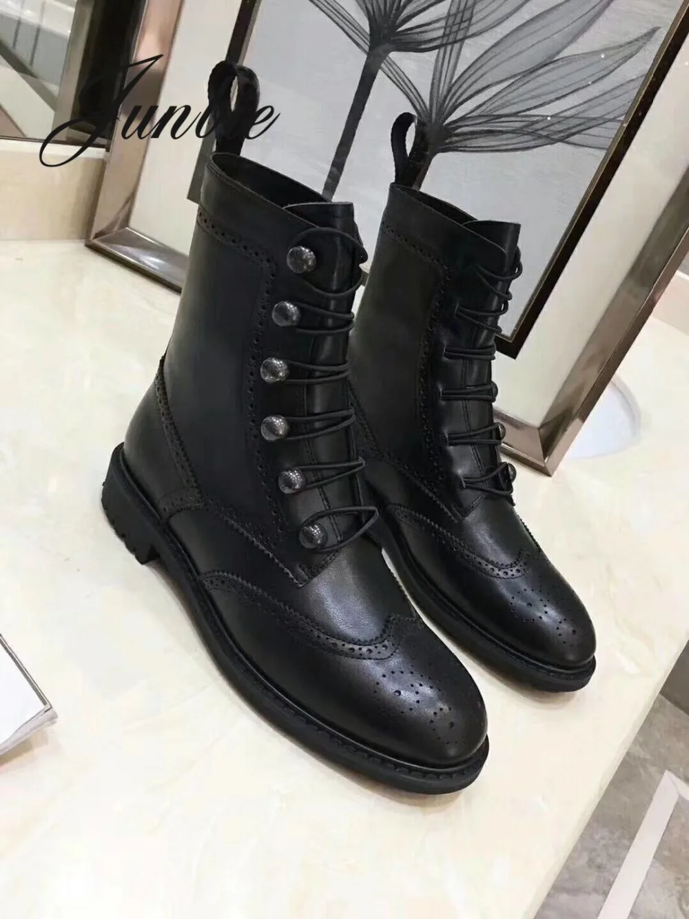 

JUNBIE Black Genuine Leather Round Toe Lace Up Women Autumn Winter Boots Low Heel Motorcycle Boots Ankle Boots