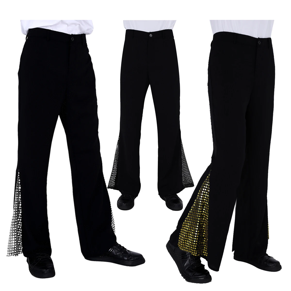

TiaoBug Adult Men Retro 70s Disco Pants Stage Performance Dance Costume Mid Waist Sequin Flared Side Ballroom Long Bell Trousers