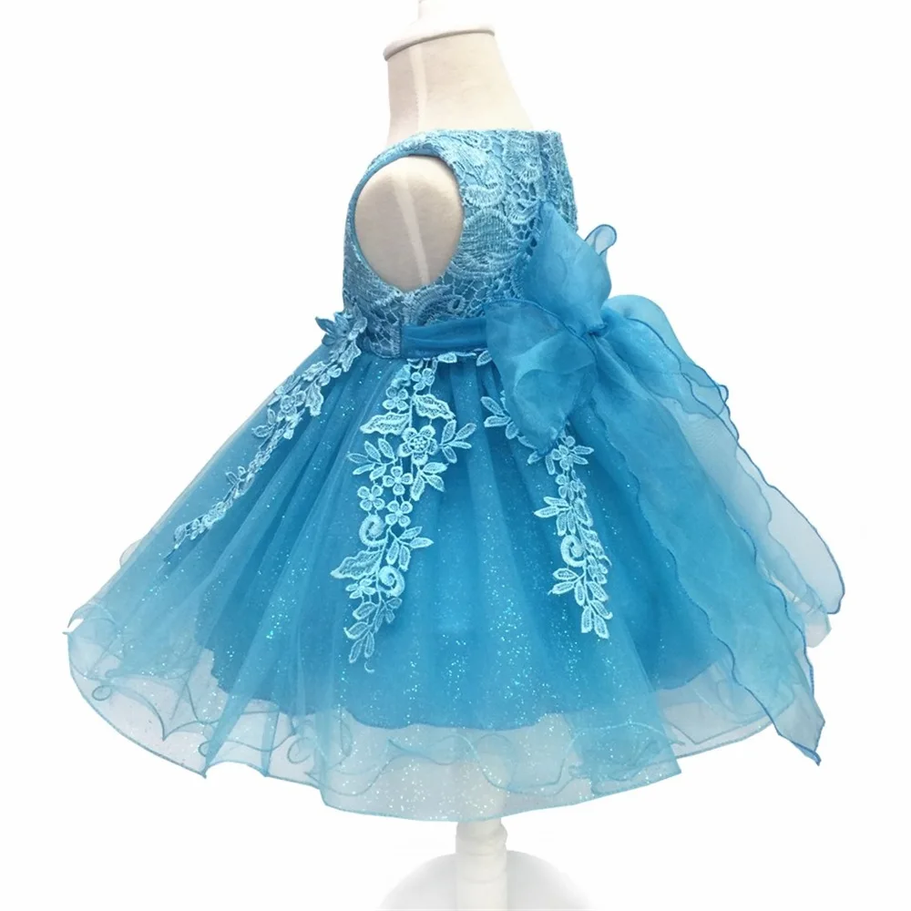 Девушка кружева лук День рождения платье принцессы для девочек Дети без рукавов Тюль Свадебные платья Tutu Детская одежда от 2 до 10 лет BW197 - Color: Blue