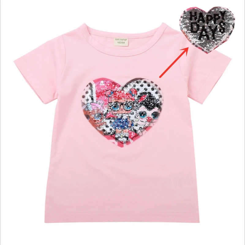 

new cute change face color magic discoloration cotton girl T-shirts sequin paillettes short sleeves t shirt for girls gifts 2-8Y