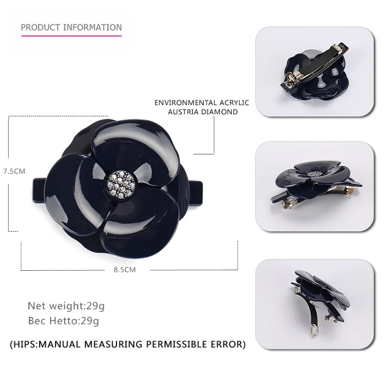 Заколки для волос с цветами в виде камелии, зажим, прозрачные стразы паве AS5076 - Цвет: dark blue