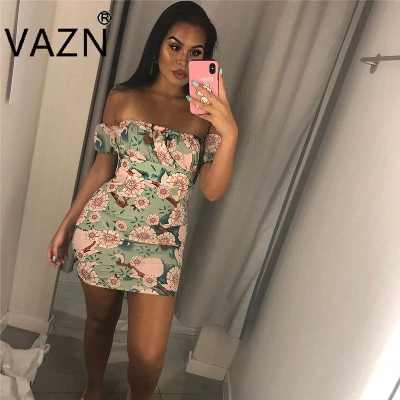 VAZN 2018 элегантные ретро модные брендовые Для женщин специальные мини-платье печати без бретелек короткий рукав Для женщин сексуальное