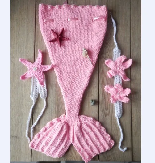 Детские костюмы для новорожденных, 3 предмета, розовый набор русалки вязаный крючком костюм, реквизит для фотографий, Размер 0-6 месяцев